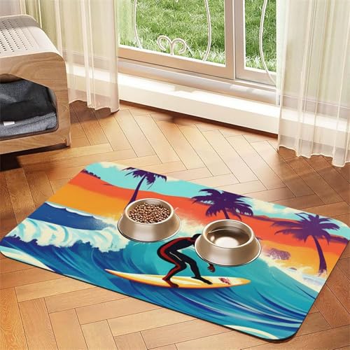 Haustierfuttermatte, Motiv: Hawaiianischer Surfer auf gewelltem Druck, saugfähig, rutschfest, PU-Leder, Futtermatte für Hunde und Katzen, Gummiunterseite Haustierfuttermatte, Motiv: Hawaiianischer Surfer auf gewelltem Druck, saugfähig, rutschfest, PU-Leder, Futtermatte für Hunde und Katzen, Gummiunterseite von GaxfjRu