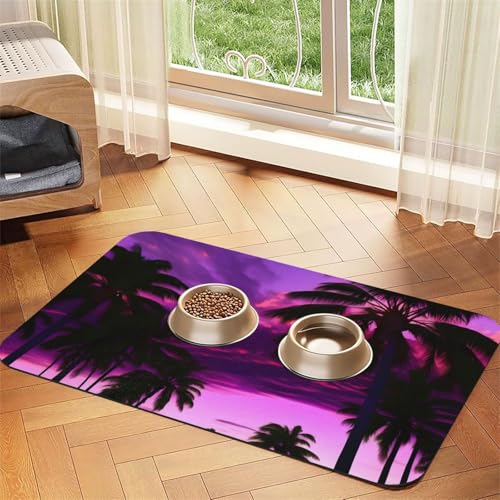 Haustierfuttermatte, Motiv: Palme, violett, Sonnenuntergang, saugfähig, rutschfest, PU-Leder, für Hunde und Katzen, Gummiunterseite Haustierfuttermatte, Motiv: Palme, violett, Sonnenuntergang, saugfähig, rutschfest, PU-Leder, für Hunde und Katzen, Gummiunterseite von GaxfjRu