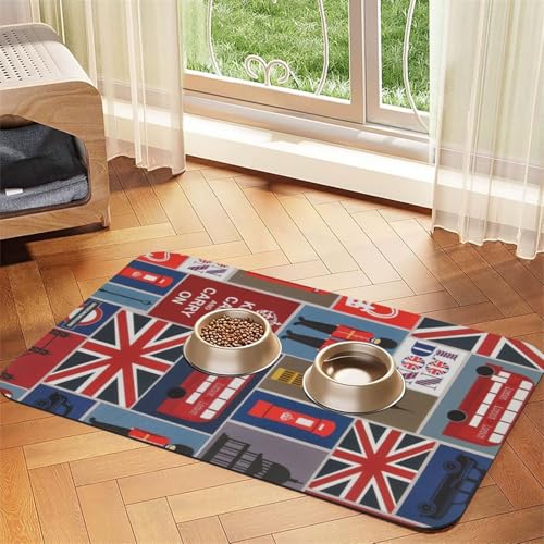 Haustierfuttermatte mit England-Symbol-Aufdruck, saugfähig, rutschfest, PU-Leder, Futtermatte für Hunde und Katzen, Gummiunterseite von GaxfjRu