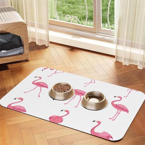 Haustierfuttermatte mit Flamingos auf weißem Druck, saugfähig, rutschfest, PU-Leder, Futtermatte für Hunde und Katzen, Gummiunterseite von GaxfjRu