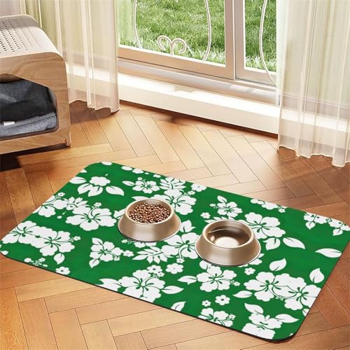 Haustierfuttermatte mit Hawaii-Blumendruck, saugfähig, rutschfest, PU-Leder, Futtermatte für Hunde und Katzen, Gummi-Unterseite von GaxfjRu