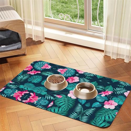 Haustierfuttermatte mit Hawaii-Blumendruck, saugfähig, rutschfest, PU-Leder, Futtermatte für Hunde und Katzen, Gummiunterseite von GaxfjRu