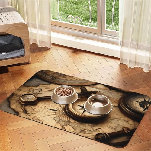 Haustierfuttermatte mit Kompass- und Alt-Weltkarten-Druck, saugfähig, rutschfest, PU-Leder, Futtermatte für Hunde und Katzen, Gummiunterseite Haustierfuttermatte mit Kompass- und Alt-Weltkarten-Druck, saugfähig, rutschfest, PU-Leder, Futtermatte für Hunde und Katzen, Gummiunterseite von GaxfjRu
