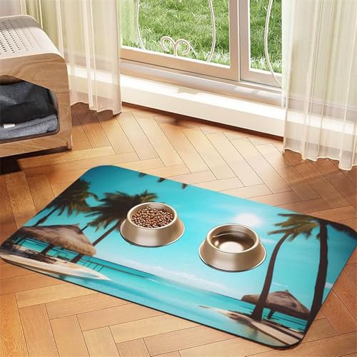 Haustierfuttermatte mit Palmen und klarem Meeresdruck, saugfähig, rutschfest, PU-Leder, Futtermatte für Hunde und Katzen, Gummiunterseite von GaxfjRu