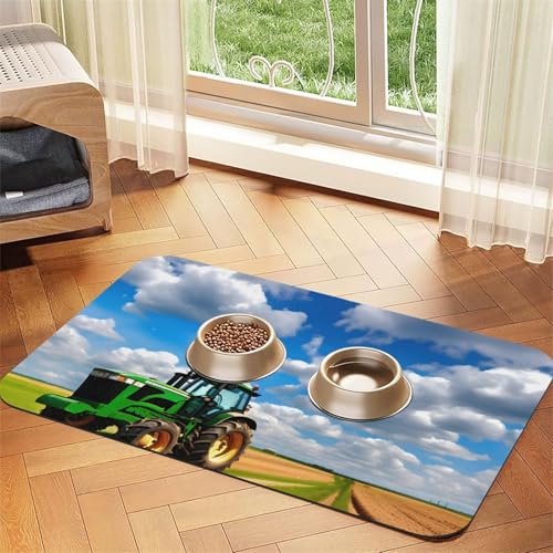 Haustierfuttermatte mit Traktor unter blauem Himmel und weißen Wolken, saugfähig, rutschfest, PU-Leder, Futtermatte für Hunde und Katzen, Gummiunterseite Haustierfuttermatte mit Traktor unter blauem Himmel und weißen Wolken, saugfähig, rutschfest, PU-Leder, Futtermatte für Hunde und Katzen, Gummiunterseite von GaxfjRu