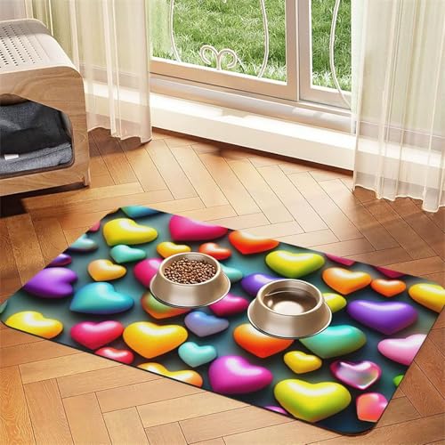 Haustierfuttermatte mit bunten Regenbogen-Herzen, saugfähig, rutschfest, PU-Leder, Futtermatte für Hunde und Katzen, Gummiunterseite Haustierfuttermatte mit bunten Regenbogen-Herzen, saugfähig, rutschfest, PU-Leder, Futtermatte für Hunde und Katzen, Gummiunterseite von GaxfjRu