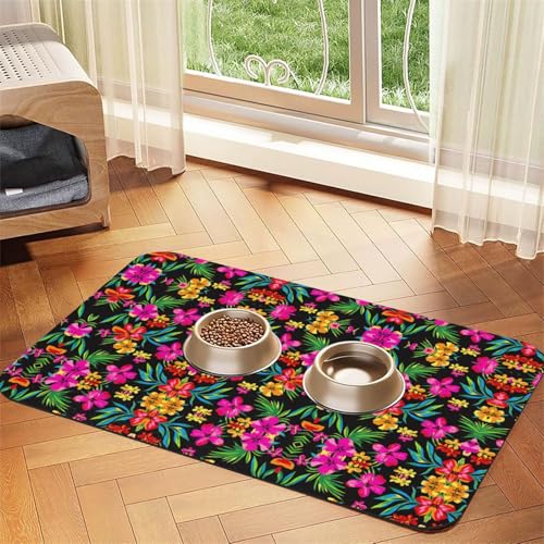 Haustierfuttermatte mit hawaiianischem Blumendruck, saugfähig, rutschfest, PU-Leder, Futtermatte für Hunde und Katzen, Gummi-Unterseite von GaxfjRu