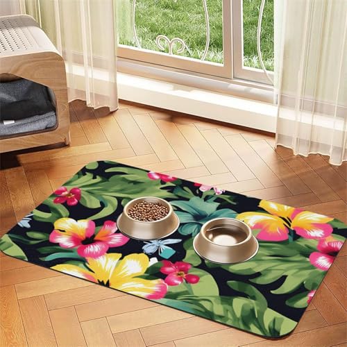 Haustierfuttermatte mit hawaiianischem Blumendruck, saugfähig, rutschfest, PU-Leder, Futtermatte für Hunde und Katzen, Gummi-Unterseite Haustierfuttermatte mit hawaiianischem Blumendruck, saugfähig, rutschfest, PU-Leder, Futtermatte für Hunde und Katzen, Gummi-Unterseite von GaxfjRu