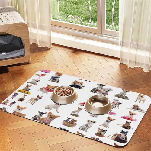 Haustierfuttermatte mit niedlichem Chihuahua-Mops-Muster, saugfähig, rutschfest, PU-Leder, Futtermatte für Hunde und Katzen, Gummiunterseite von GaxfjRu