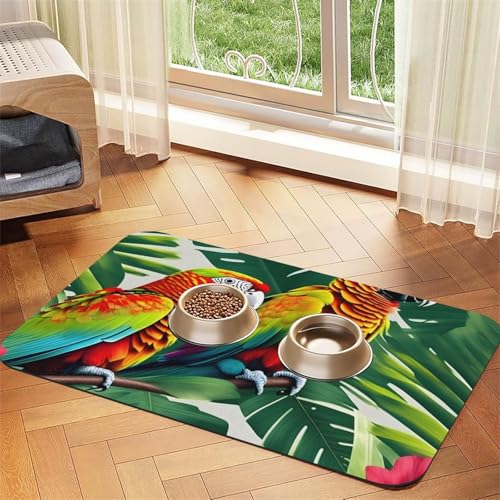 Haustierfuttermatte mit tropischem Blumen- und Papageien-Druck, saugfähig, rutschfest, PU-Leder, Futtermatte für Hunde und Katzen, Gummiunterseite von GaxfjRu
