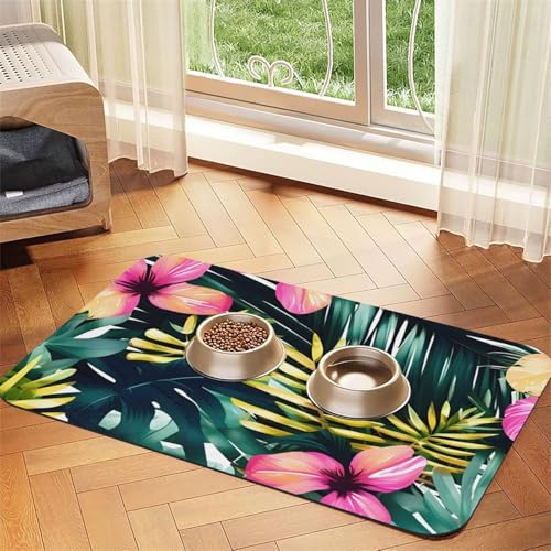 Haustierfuttermatte mit tropischem Sommer, Hawaii-Blume, Palmenblätter, saugfähig, rutschfest, PU-Leder, Futtermatte für Hunde und Katzen, Gummiunterseite Haustierfuttermatte mit tropischem Sommer, Hawaii-Blume, Palmenblätter, saugfähig, rutschfest, PU-Leder, Futtermatte für Hunde und Katzen, Gummiunterseite von GaxfjRu