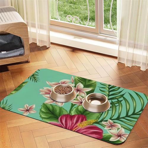 Haustierfuttermatte mit tropischen Blättern und Blumen, saugfähig, rutschfest, PU-Leder, für Hunde und Katzen, Gummiunterseite Haustierfuttermatte mit tropischen Blättern und Blumen, saugfähig, rutschfest, PU-Leder, für Hunde und Katzen, Gummiunterseite von GaxfjRu