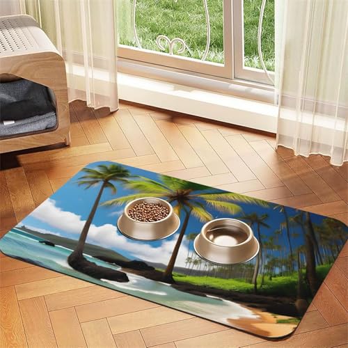 Haustierfuttermatte mit tropischer Palme, Hawaii-Strand-Druck, saugfähig, rutschfest, PU-Leder, Futtermatte für Hunde und Katzen, Gummiunterseite von GaxfjRu