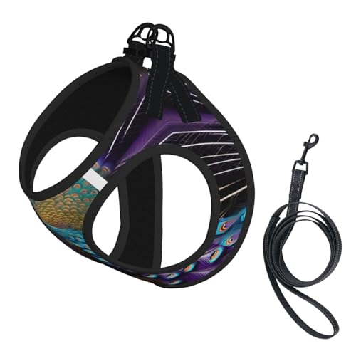 Hundegeschirr und Leine, Set mit Pfauenmuster, reflektierend, verstellbar, für kleine, mittelgroße und große Hunde, Katzen, Violett Hundegeschirr und Leine, Set mit Pfauenmuster, reflektierend, verstellbar, für kleine, mittelgroße und große Hunde, Katzen, Violett von GaxfjRu