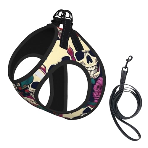 Hundegeschirr und Leine, Set mit floralem Totenkopf, reflektierend, verstellbar, Welpenweste für kleine, mittelgroße und große Hunde, Katzen Hundegeschirr und Leine, Set mit floralem Totenkopf, reflektierend, verstellbar, Welpenweste für kleine, mittelgroße und große Hunde, Katzen von GaxfjRu