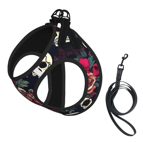 Hundegeschirr und Leine, buntes Totenkopfmotiv, reflektierend, verstellbar, für kleine, mittelgroße und große Hunde Hundegeschirr und Leine, buntes Totenkopfmotiv, reflektierend, verstellbar, für kleine, mittelgroße und große Hunde von GaxfjRu