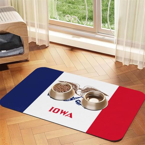 Iowa Futtermatte mit Staatsflaggen-Druck, saugfähig, rutschfest, PU-Leder, Futtermatte für Hunde und Katzen, Gummiunterseite von GaxfjRu