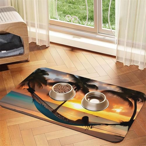 Kokosnuss-Strand-Matte mit Sonnenuntergang-Motiv, saugfähig, rutschfest, PU-Leder, Futtermatte für Hunde und Katzen, Gummiunterseite von GaxfjRu