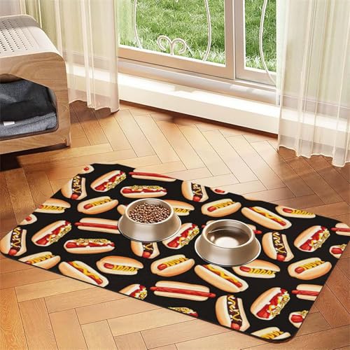 Lustige Futtermatte mit Hot Dogs-Aufdruck, saugfähig, rutschfest, PU-Leder, Futtermatte für Hunde und Katzen, Gummiunterseite Lustige Futtermatte mit Hot Dogs-Aufdruck, saugfähig, rutschfest, PU-Leder, Futtermatte für Hunde und Katzen, Gummiunterseite von GaxfjRu