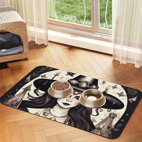 Magic Witch Witchcraft Tierfuttermatte, böhmischer Druck, saugfähig, rutschfest, PU-Leder, Futtermatte für Hunde und Katzen, Gummiunterseite von GaxfjRu