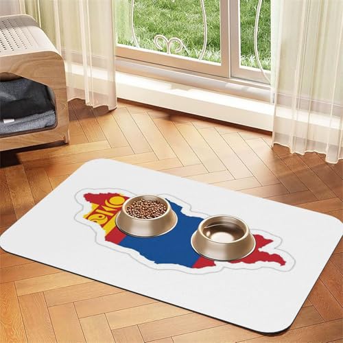 Mongolische Flagge, Kartendruck, Haustierfuttermatte, saugfähig, rutschfest, PU-Leder, Futtermatte für Hunde und Katzen, Gummiunterseite von GaxfjRu