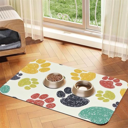 Niedliche, bunte Hundepfotenabdruck-Matte, saugfähig, rutschfest, PU-Leder, Futtermatte für Hunde und Katzen, Gummiunterseite Niedliche, bunte Hundepfotenabdruck-Matte, saugfähig, rutschfest, PU-Leder, Futtermatte für Hunde und Katzen, Gummiunterseite von GaxfjRu