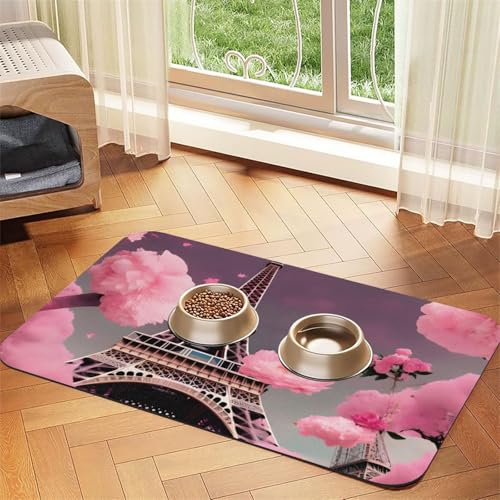 Paris Street Eiffelturm-Haustierfuttermatte, saugfähig, rutschfest, PU-Leder, für Hunde und Katzen, Gummi-Unterseite von GaxfjRu