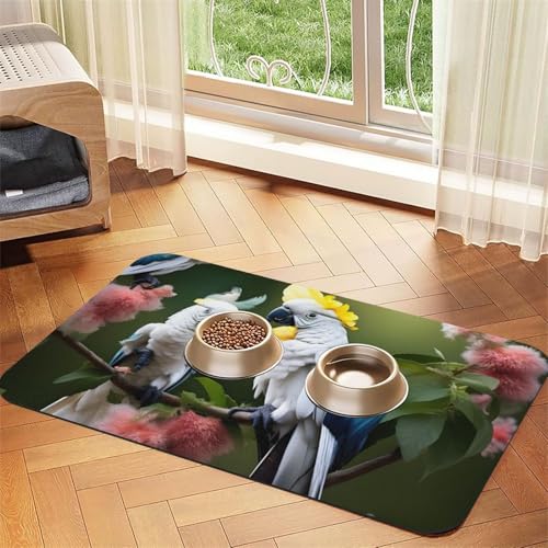 Schöne Futtermatte mit Kakadu-Vogel-Blumendruck, saugfähig, rutschfest, PU-Leder, Futtermatte für Hunde und Katzen, Gummi-Unterseite von GaxfjRu