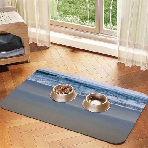 Serene Futtermatte mit Küstenmotiv, saugfähig, rutschfest, PU-Leder, Futtermatte für Hunde und Katzen, Gummiunterseite von GaxfjRu