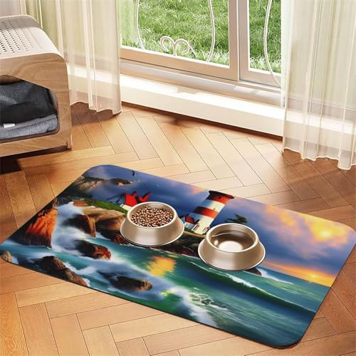 Tierfuttermatte mit Leuchtturm-Motiv, saugfähig, rutschfest, PU-Leder, Futtermatte für Hunde und Katzen, Gummiunterseite Tierfuttermatte mit Leuchtturm-Motiv, saugfähig, rutschfest, PU-Leder, Futtermatte für Hunde und Katzen, Gummiunterseite von GaxfjRu