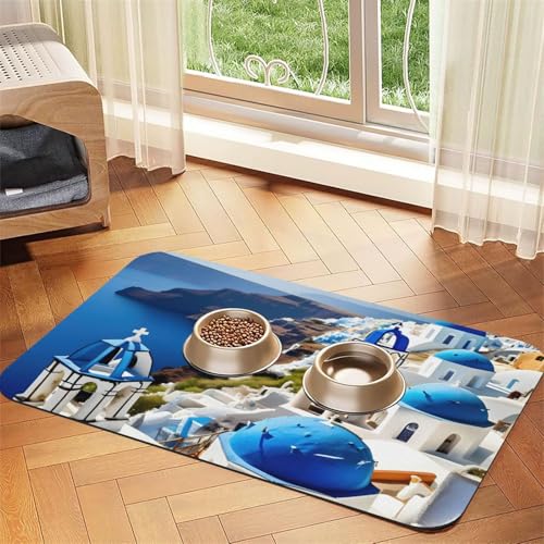 Tierfuttermatte mit griechischem Insel-Motiv, saugfähig, rutschfest, PU-Leder, für Hunde und Katzen, Gummiunterseite Tierfuttermatte mit griechischem Insel-Motiv, saugfähig, rutschfest, PU-Leder, für Hunde und Katzen, Gummiunterseite von GaxfjRu