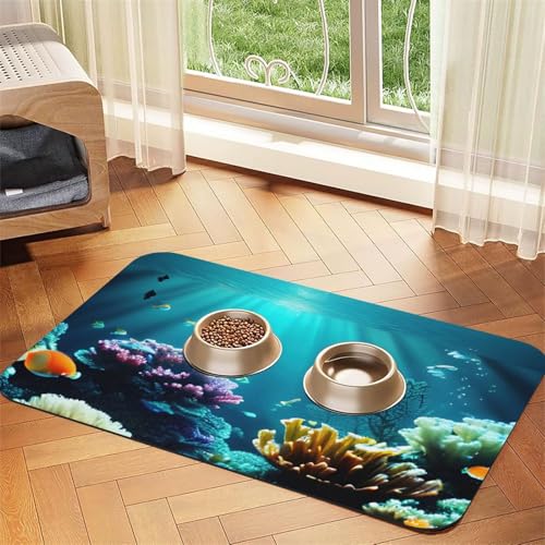 Unterwasser-Landschafts-Aufdruck, Haustierfuttermatte, saugfähig, rutschfest, PU-Leder, Futtermatte für Hunde und Katzen, Gummi-Unterseite Unterwasser-Landschafts-Aufdruck, Haustierfuttermatte, saugfähig, rutschfest, PU-Leder, Futtermatte für Hunde und Katzen, Gummi-Unterseite von GaxfjRu