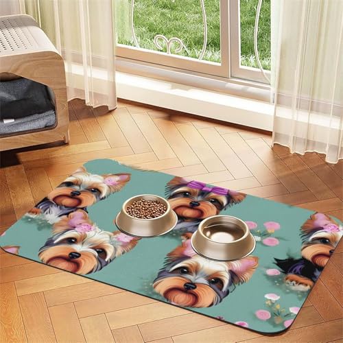 Yorkie Haustierfuttermatte mit Blumendruck, saugfähig, rutschfest, PU-Leder, Futtermatte für Hunde und Katzen, Gummiunterseite Yorkie Haustierfuttermatte mit Blumendruck, saugfähig, rutschfest, PU-Leder, Futtermatte für Hunde und Katzen, Gummiunterseite von GaxfjRu