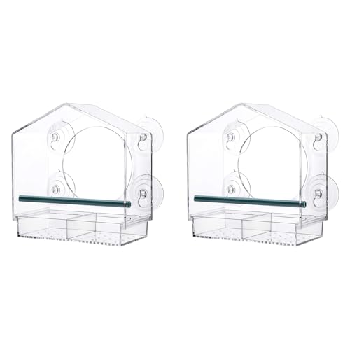 Gbloodst 2X -Vogelfutterspender mit Starken Saugnäpfen, Transparenter Vogelfutterspender für Draußen, Vogelhaus mit Herausnehmbarem Tablett mit 2 Fächern von Gbloodst
