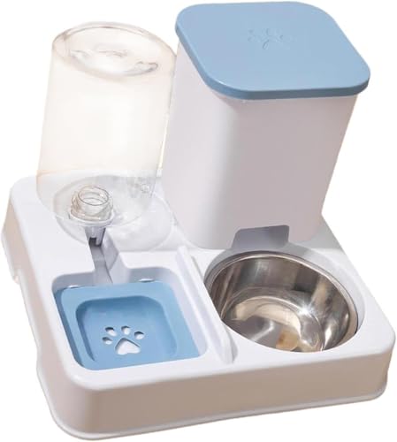 Gcljlmy Futterspender für Hunde und Katzen, Fress- und Trinknapf, abnehmbare Trocken- und Nasstrennung für Kaninchen (Blau Weiss) von Gcljlmy