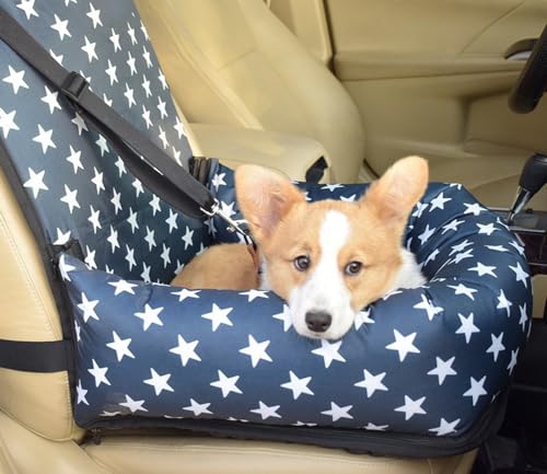 Haustier-Autositz, Hundeerhöhung für kleine, mittelgroße Hunde unter 15 kg, stabiler Sicherheits-Vordersitz für Reisen mit Ihren pelzigen Freunden, 50 x 50 cm (Dunkelblau, Stern) von GeRRiT