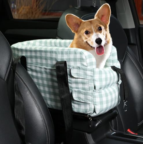 Reise-Hundesitz, tragbarer Hunde-Autositz, für kleine Katzen, Hunde bis zu 6,8 kg, LKWs, SUVs, Konsole, Haustier-Autositz, lindert Angstzustände, 46 x 27 x 24 cm (grün) von GeRRiT
