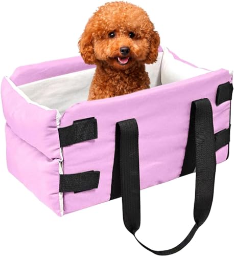 Weicher Hunde-Autositz, Konsolen-Autositz mit abnehmbarem Kissen und Sicherheitshaken für Welpen und Katzen unter 6,8 kg, tragbare Reisetasche (43 x 21 x 22 cm) (Rosa) von GeRRiT