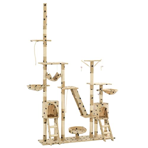 Gecheer Kratzbaum Kletterbaum für Katzen (H?he 230-250 cm) mit Sisal-S?ulen, Stabiler Katzenturm Katzenspielzeug, Pfoten-Aufdruck Beige von Gecheer