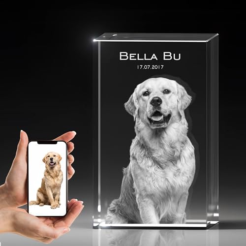 Gedenk Kristall Personalisiertes 3D-Foto als Gedenkwürfel für Haustiere Erinnerung an Hunde Katzen & Pferd 2D in 3D Hochwertige Lasergravur in Kristall 110x75x65mm Glas Erinnerung von Gedenk Kristall