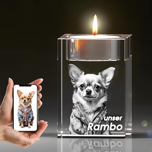 Gedenk Kristall 3D Glasfoto mit Teelichtvertiefung, Gedenk Kerze für Hund Katze Maus oder andere Tiere mit Ihrem eigenen Foto, 3D-Laser-Bild, gravierter-Kristall, Erinnerung an Dein Haustier von Gedenk Kristall