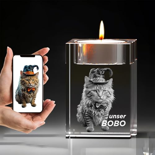 Gedenk Kristall 3D Foto Glas Kerze Katze - Personalisiertes Gedenkglas für Haustiere mit Wunschtext Gravur, Abschied nehmen Tiere Hund, Pferd, Hochwertige Lasergravur in Kristallglas Denkmal von Gedenk Kristall