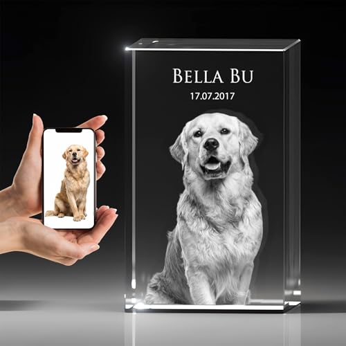 Gedenk Kristall 3D Foto Glasblock Hund - Personalisiertes Gedenkglas für Haustiere mit Wunschtext Gravur, Abschied nehmen Tiere Katze, Pferd, Hochwertige Lasergravur in Kristallglas Denkmal von Gedenk Kristall