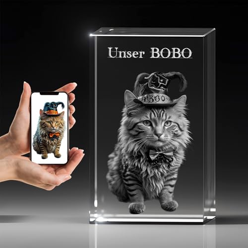 Gedenk Kristall 3D Foto Glasblock Katze - Personalisiertes Gedenkglas für Haustiere mit Wunschtext Gravur, Abschied nehmen Tiere Hund, Pferd, Hochwertige Lasergravur in Kristallglas Denkmal von Gedenk Kristall