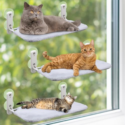 Geelin 3 Stück Katzen-Fenstersitz, kabellos, mit 4 Saugnäpfen, wendbare Abdeckung, faltbare Katzenhängematte, Bett, Fensterleiste, Regal für den Innenbereich, große Kätzchen (grau) von Geelin