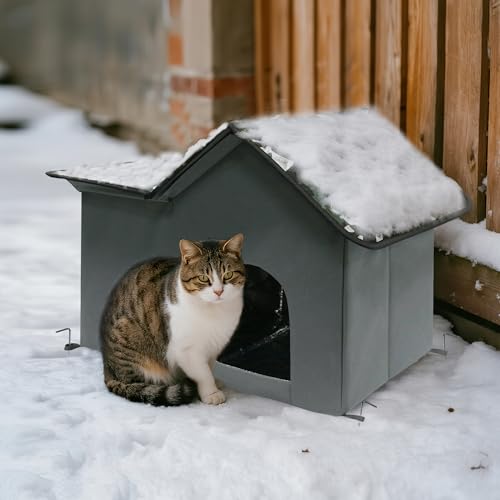 GeerDuo Katzenhaus für den Außenbereich, Katzenhaus für draußen, wasserdichtes Katzenhaus für Outdoor/Indoor-Katzen, isoliertes Katzenbett für alle Jahreszeiten mit gemütlichem Kissen (Grau, L) von GeerDuo