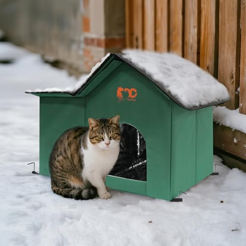GeerDuo Katzenhaus für den Außenbereich, Katzenhaus für draußen, wasserdichtes Katzenhaus für Outdoor/Indoor-Katzen, isoliertes Katzenbett für alle Jahreszeiten mit gemütlichem Kissen (Grün, L) von GeerDuo