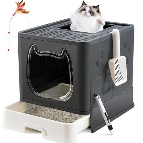 Gefryco Katzentoilette mit Deckel, Katzentoilette mit kontrolliertem Zugang, abgedeckte geschlossene Geruchskontrolle, Kätzchentoilette für kleine bis mittelgroße Katzen, Schaufel und Reinigungsbürste von Gefryco