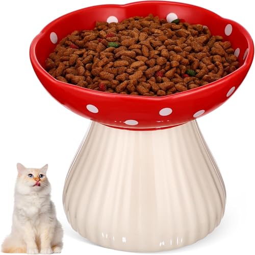 Erhöhter Katzennapf aus Keramik, Haustierfutter, Schleife, niedlicher Pilz-Futterspender für Innenbereich, kleine Hunde, Katzengeschirr für Futter und Wasser (rot) von Gehanico