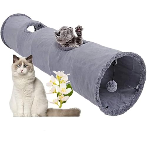 Gehanico Katzentunnel Katzenspielzeug Wildleder,Cat Tunnel mit Ball faltbar, leicht zu waschen und zu Trocknen Faltbar Spieltunnel Rascheltunnel für Katzen und kleine Tiere (M,Grau) von Gehanico